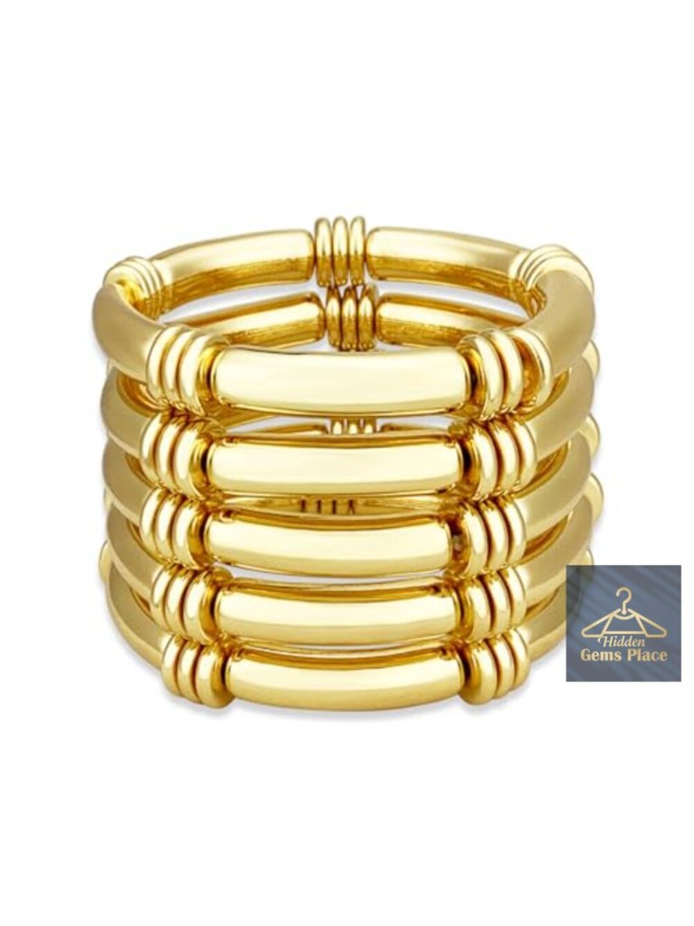 5 Chunky Bamboo Tube Stretch Bangle Bracelets Set